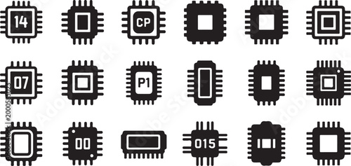 Collection of various computer chip graphic illustrations