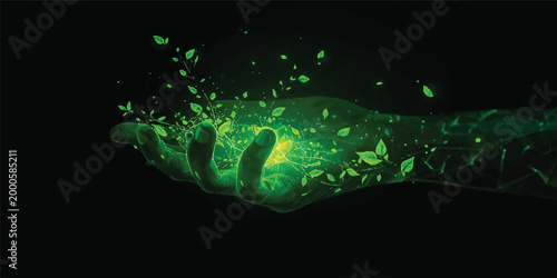 A person's hand interacts with a green screen featuring a glowing blue plasma wave and high-tech motion energy pattern on a black space background