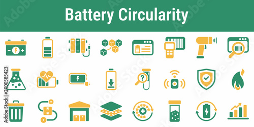 Commercial icon set for battery passport health diagnostics collection recovery and recycling Suitable for EV dashboards compliance systems repair tools and material recovery platforms