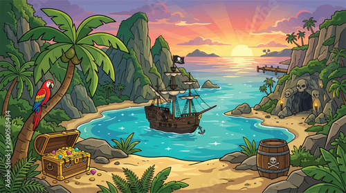 Billede på lærred Pirate island landscape vector illustration, tropical bay with pirate ship and t