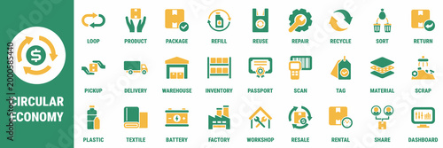 Commercial icon set for circular economy flows reuse repair recycling and material recovery Suitable for dashboards sustainability reports apps logistics interfaces and industrial platforms