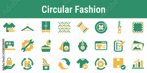 Focused icon set for textile repair resale rental sorting and material tracing Suitable for fashion apps sustainability dashboards textile systems and secondhand marketplaces