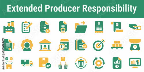 Commercial icon set for EPR fees collection reporting obligations take back systems and producer compliance Suitable for dashboards policy graphics waste systems and regulatory tools