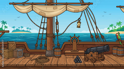 Fotografie Cartoon pirate ship deck background, wooden sailing vessel with cannon and steer