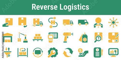 Focused icon set for returns pickup inspection routing and warehouse recovery Suitable for ecommerce dashboards logistics software warehouse tools and circular delivery platforms