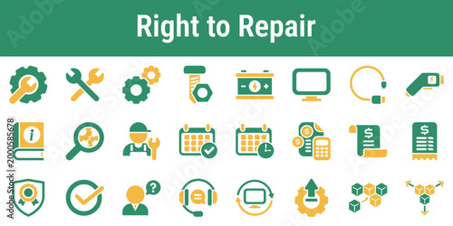 Commercial icon set for repair access spare parts manuals diagnostics and service rights Suitable for consumer apps workshop systems policy graphics and product service dashboards