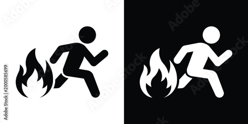 Vector icon depicting a person running away from flames. Symbolizes fire safety, emergency evacuation, hazard warnings, and urgent escape procedures. Suitable for public safety signage.
