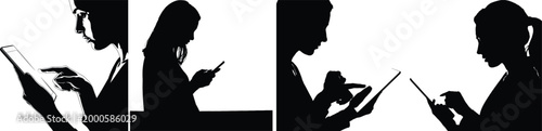 Silhouette people reading books and using phones together
