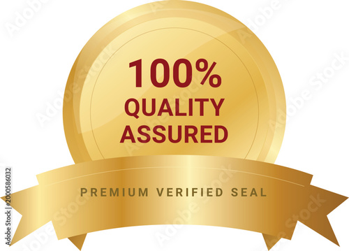 Premium golden quality assured seal with red ribbon and 100 percent satisfaction guarantee badge