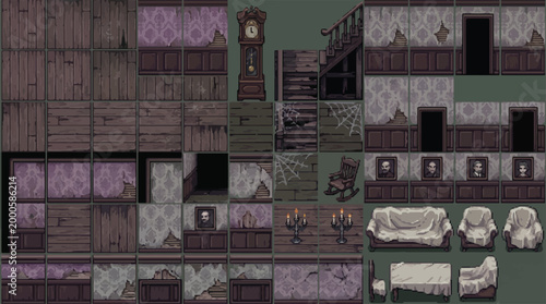 Foto Pixel art haunted mansion tileset, spooky gothic interior game assets, abandoned