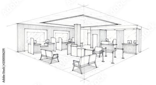 Modern Office Interior Design Sketch with Seating and Desks.