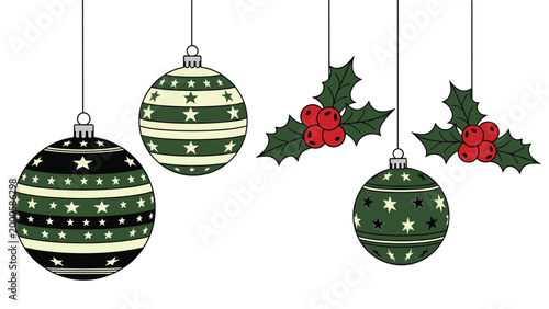 Traditional christmas scene with decorated green ornaments and red holly berries hanging from thin strings against a clean white background.