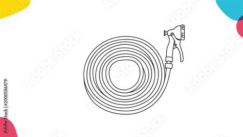 Black and white line art illustration of a long garden hose neatly coiled with a handheld spray nozzle attachment on a white background.