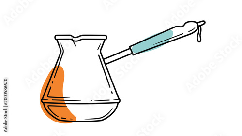 Classic Turkish coffee pot or cezve with a long handle and abstract color spots in a modern line art style design.