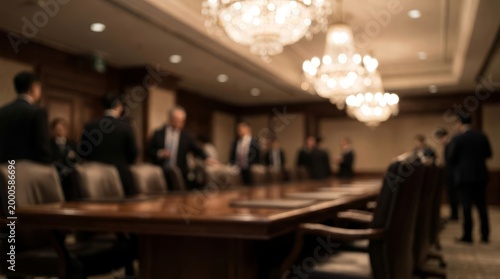 Blurred Corporate Boardroom Meeting With Executives Around Table.