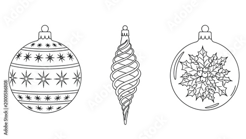 Set of three different Christmas tree ornaments including a star pattern, spiral, and holly berry design in line art.