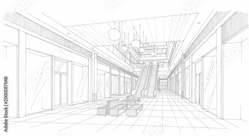 Modern Shopping Mall Interior with Escalator and Seating Area.