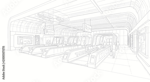 Modern Subway Station Interior Wireframe Sketch.