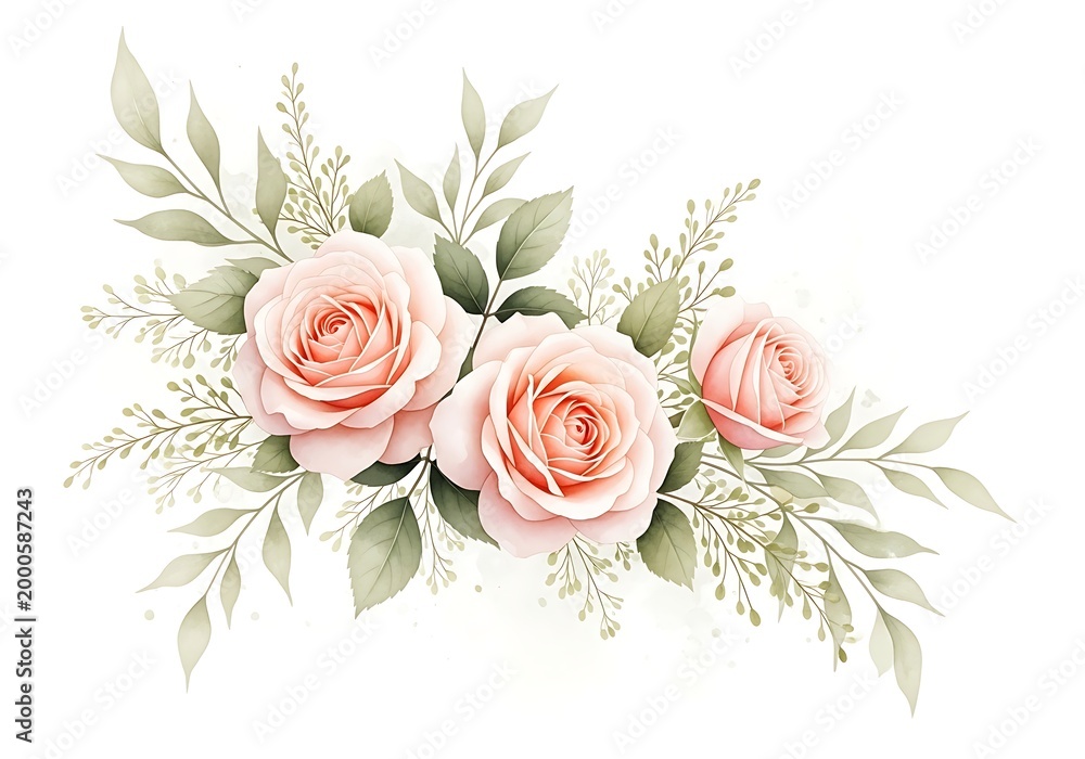 Fototapeta premium A bouquet of pink roses and green leaves on a white background