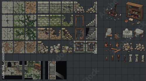 Foto Pixel art dungeon tileset for game design, retro fantasy stone walls and floor a