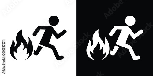 Vector icon depicting a person running away from flames. Symbolizes fire safety, emergency evacuation, hazard warnings, and urgent escape procedures. Suitable for public safety signage.
