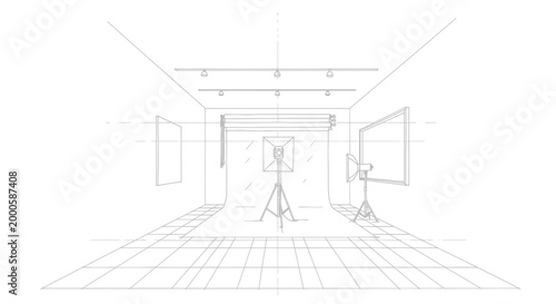 Photography studio setup with camera on tripod and lighting equipment.