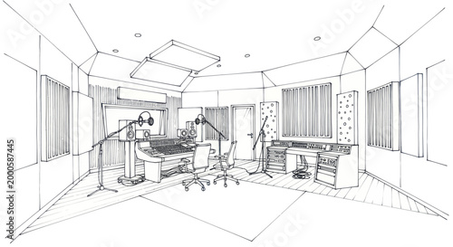 Recording Studio Interior Design Sketch with Soundproofing and Equipment.