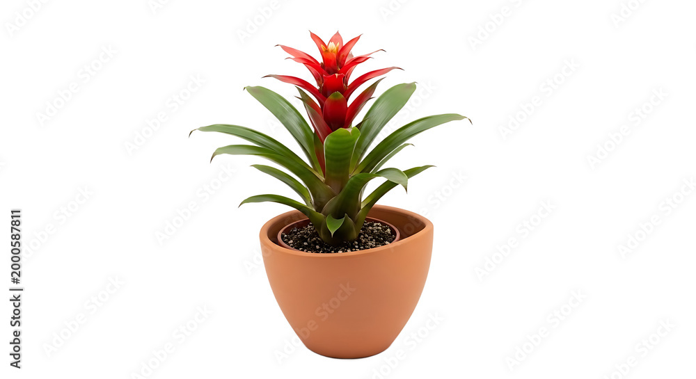 Fototapeta premium A potted plant with a vibrant red bloom and lush green leaves sits on a plain surface.