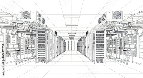 Server Room Wireframe Blueprint Technology Infrastructure.