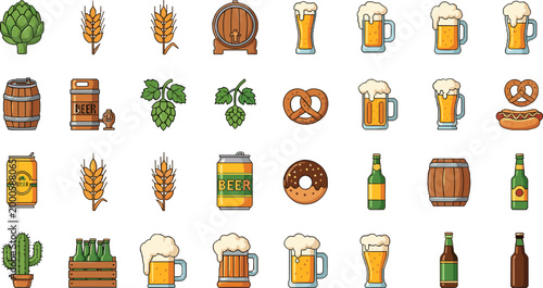 Beer brewing and Oktoberfest icon set featuring mugs barrels hops wheat pretzel bottles and brewery elements in flat vector style collection