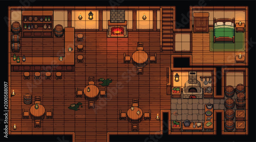 Bild auf Leinwand Pixel art medieval tavern interior map, retro 16-bit fantasy inn game assets, co