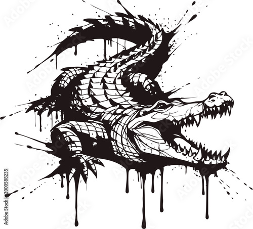 Ferocious alligator illustration with open jaws and textured scales, ink splatter grunge reptile design