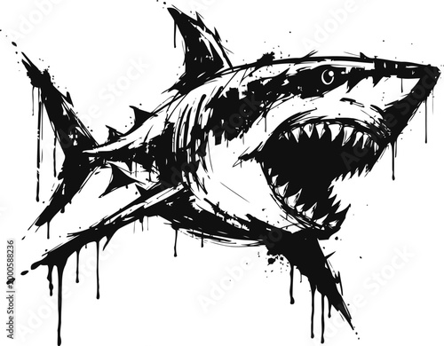 Aggressive shark illustration with open jaws and sharp teeth in black ink drawing