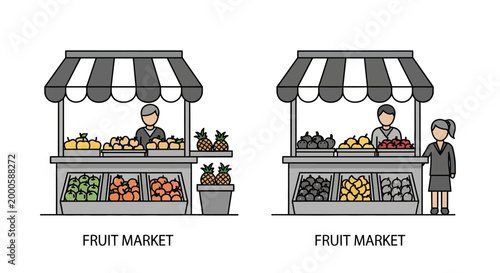 Two fruit market stalls with vendors and customers