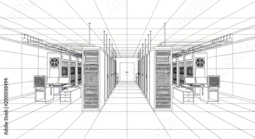 Bild auf Leinwand Wireframe blueprint of a modern data center server room infrastructure design