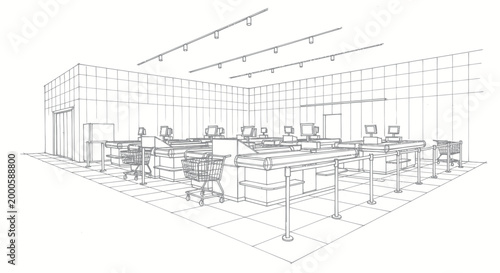 Wireframe drawing of a modern supermarket interior with multiple checkout counters and shopping carts.