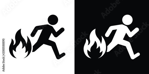 Vector icon depicting a person running away from flames. Symbolizes fire safety, emergency evacuation, hazard warnings, and urgent escape procedures. Suitable for public safety signage.
