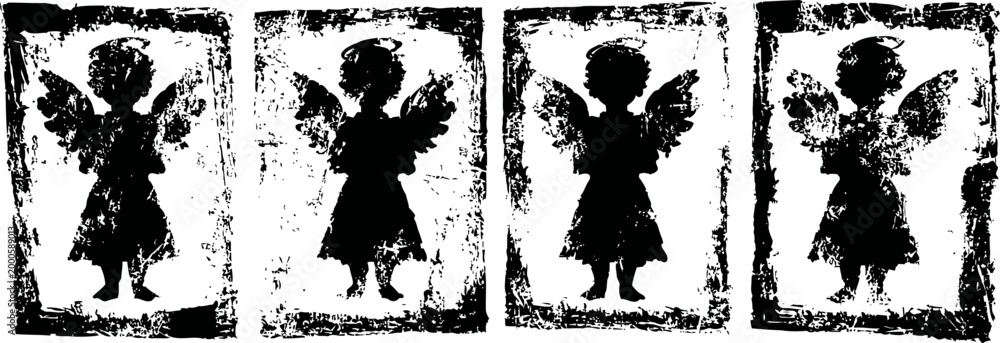 Fototapeta premium silhouetted angels with wings in distressed vintage stamp style, black and white design