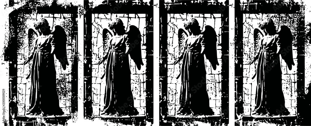 Fototapeta premium Gothic angel statue in an arched stone window opening with wings and flowing robe, dark silhouette art