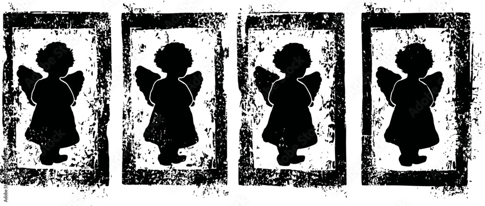Fototapeta premium Four black silhouette angel stamps with rough edges on white background