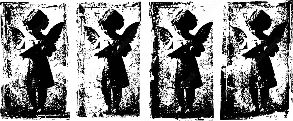Fototapeta premium Black silhouette of an angel with horns reading a book, distressed grunge texture repeated in four vertical panels