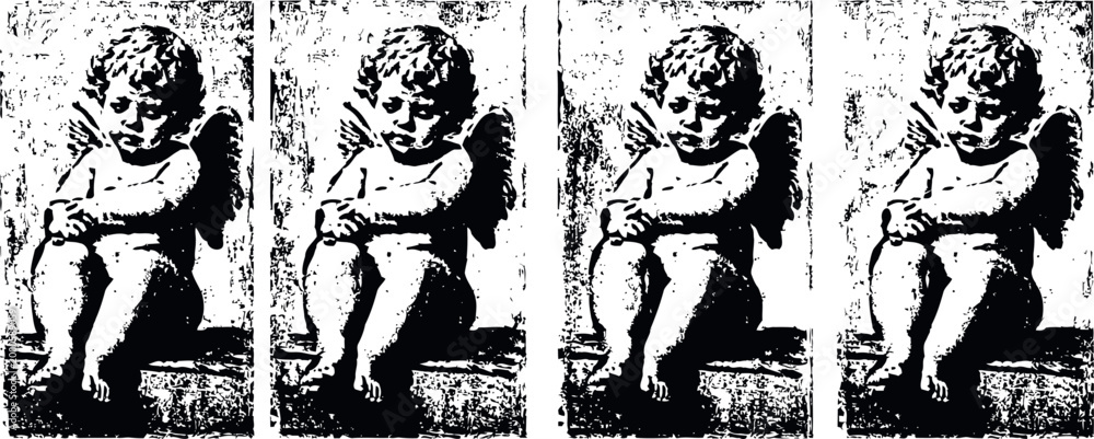 Fototapeta premium four identical vintage cherub statues seated with wings and folded arms in grayscale