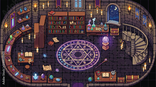Fotografie Pixel art wizard tower interior with magic circle and library, isometric fantasy