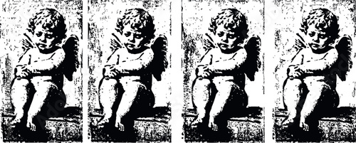 four identical vintage cherub statues seated with wings and folded arms in grayscale