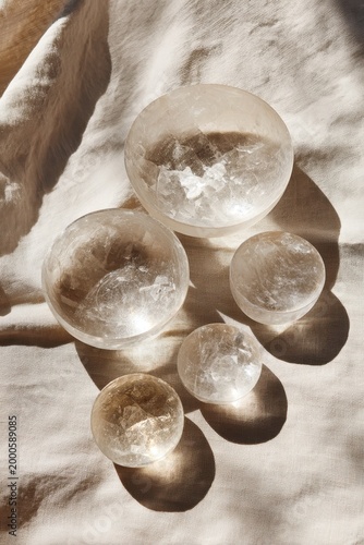 Overhead composition featuring crystal bowls for mindfulness with a clean space for messaging
