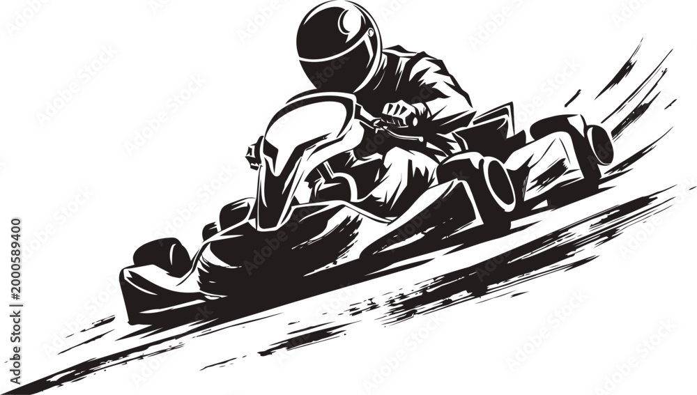 Naklejka premium Kart racing driver in dynamic pose speeding on track, helmet and racing suit