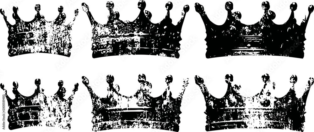 Obraz premium vintage black ink crown silhouettes collection, grunge textured royal headwear icons set