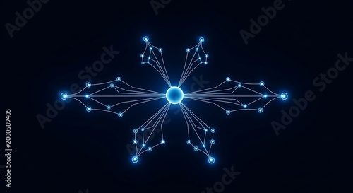 Glowing blue digital snowflake pattern with connected nodes and lines on dark background