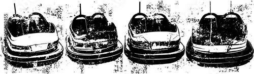 Four classic bumper cars in an amusement park ride with overhead steering poles, vintage carnival attraction