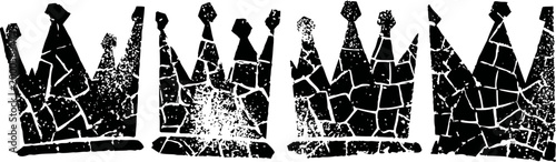 Grunge crown silhouettes set four black textured royal crowns with distressed and cracked patterns
